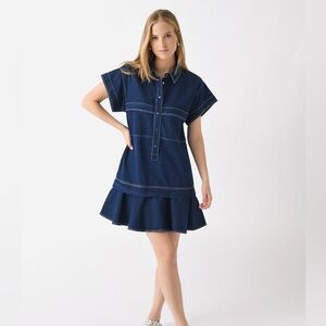 Hunter Bell Addison Drop Waist Collared Flounce Denim Blue Mini Dress Large